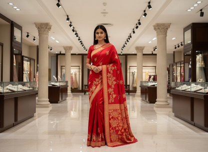 Red Luxurious Banarasi Pure Mashru Silk with Small Flower Motifs - Designer Party Wear