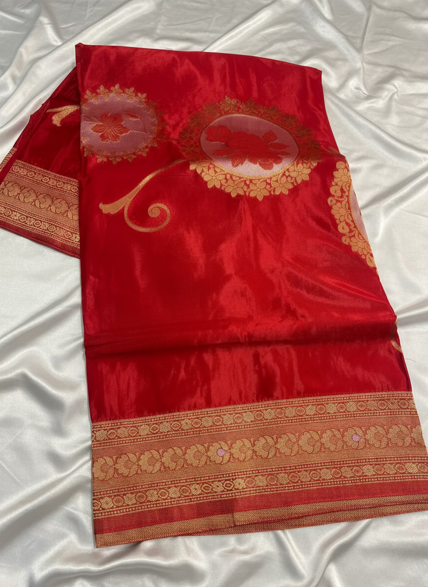 Red Exclusive Banarasi Pure Mashru Silk with Gold circular Flower Motifs - Designer Party Wear