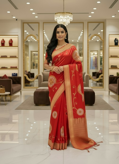 Red Exclusive Banarasi Pure Mashru Silk with Gold circular Flower Motifs - Designer Party Wear