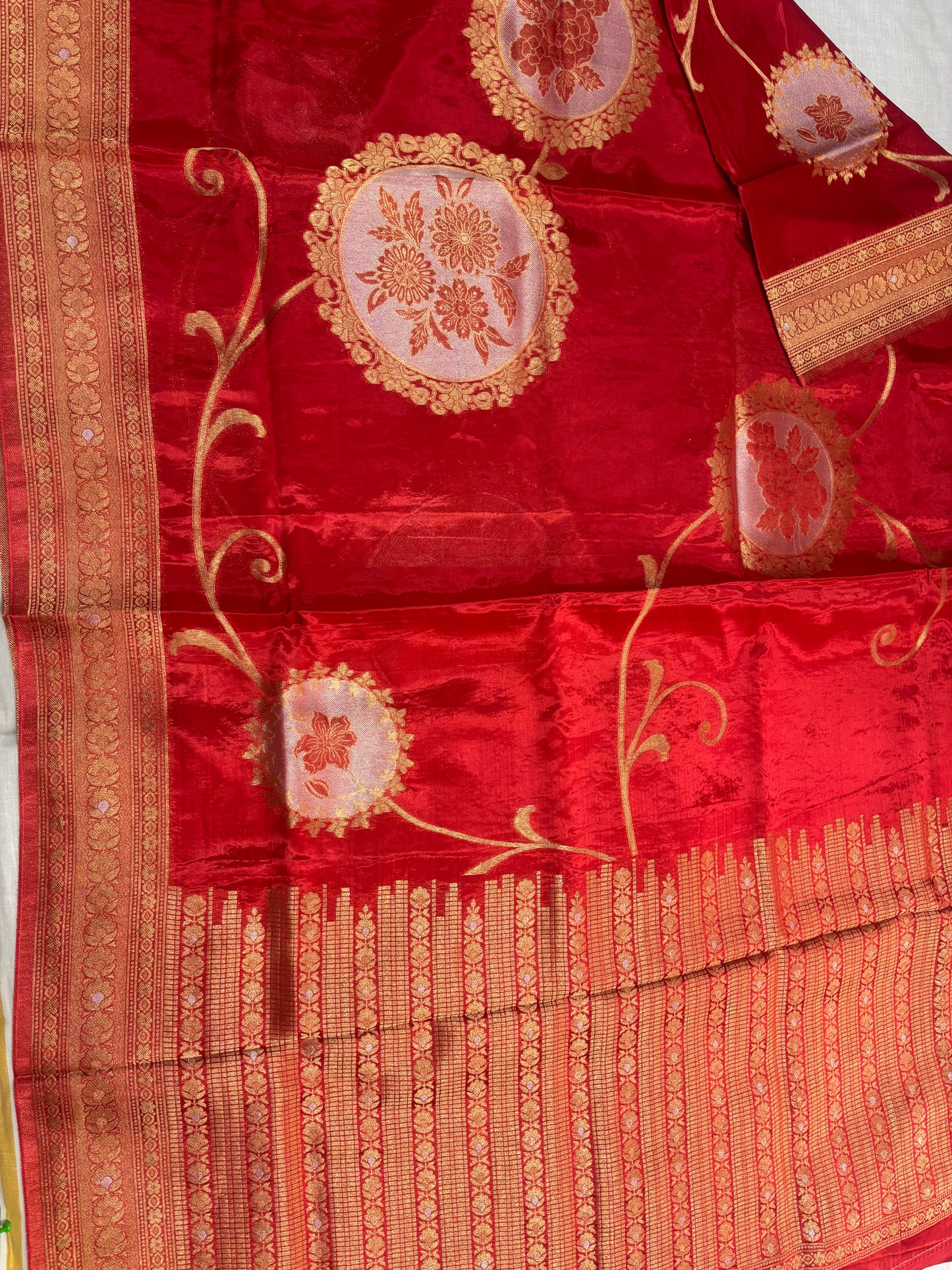 Red Exclusive Banarasi Pure Mashru Silk with Gold circular Flower Motifs - Designer Party Wear
