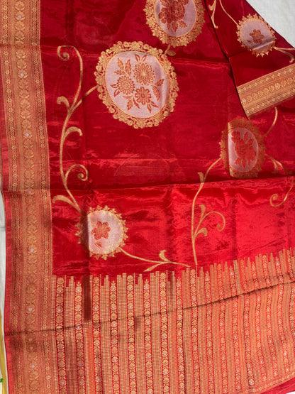 Red Exclusive Banarasi Pure Mashru Silk with Gold circular Flower Motifs - Designer Party Wear