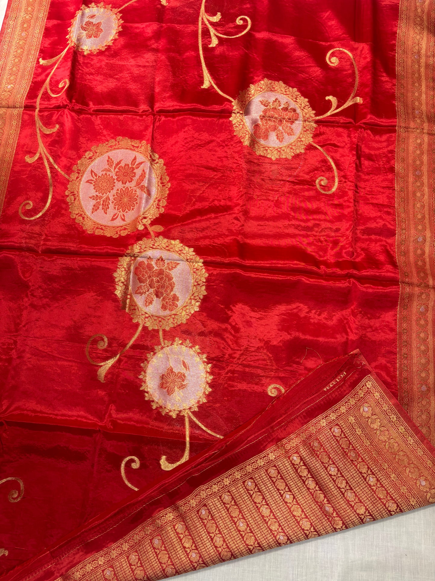 Red Exclusive Banarasi Pure Mashru Silk with Gold circular Flower Motifs - Designer Party Wear