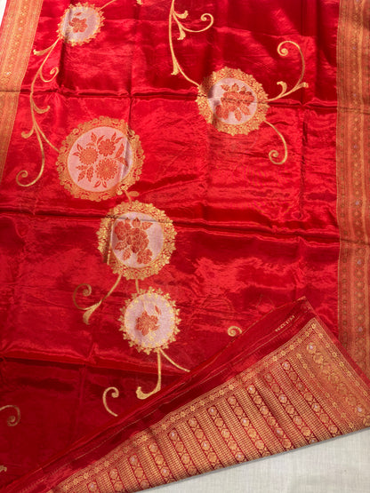 Red Exclusive Banarasi Pure Mashru Silk with Gold circular Flower Motifs - Designer Party Wear