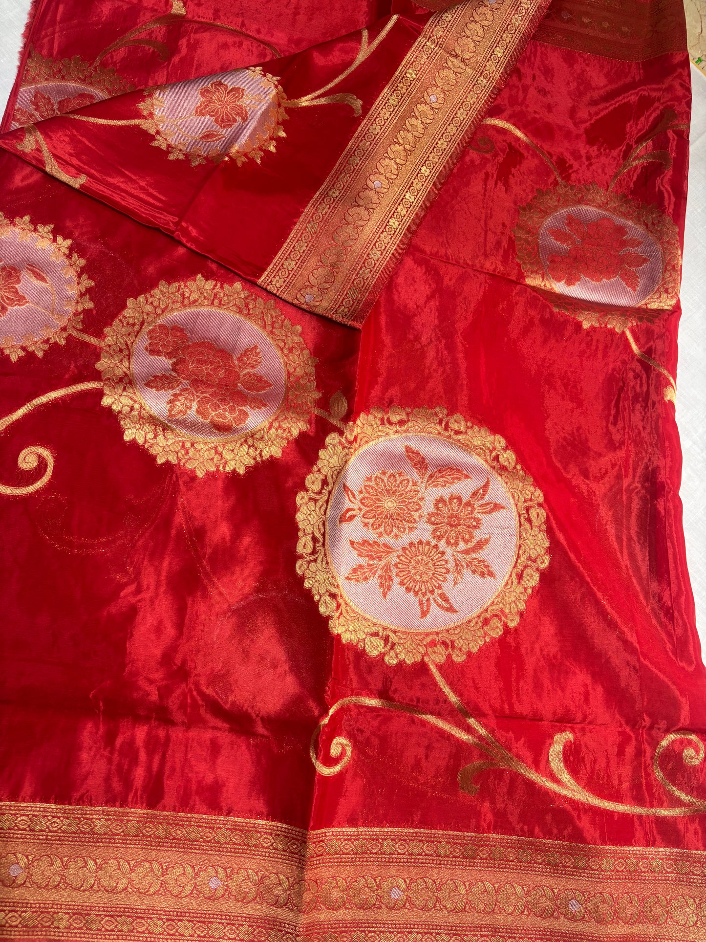 Red Exclusive Banarasi Pure Mashru Silk with Gold circular Flower Motifs - Designer Party Wear