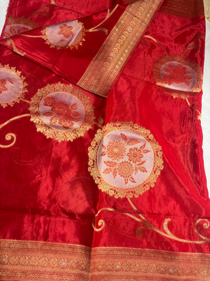 Red Exclusive Banarasi Pure Mashru Silk with Gold circular Flower Motifs - Designer Party Wear