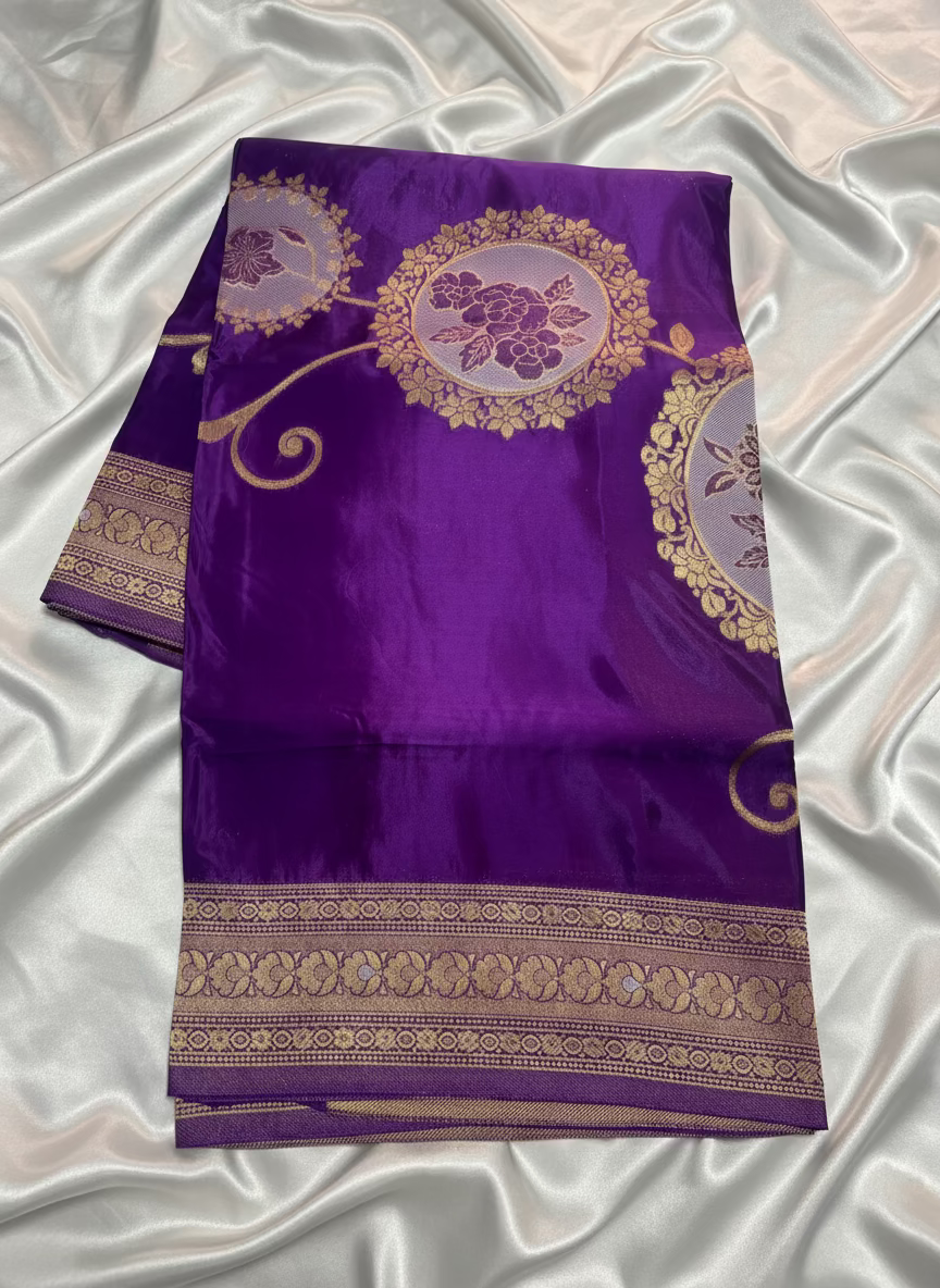 Purple Exclusive Banarasi Pure Mashru Silk with Gold circular Flower Motifs - Designer Party Wear