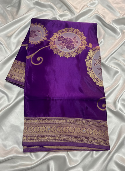 Purple Exclusive Banarasi Pure Mashru Silk with Gold circular Flower Motifs - Designer Party Wear