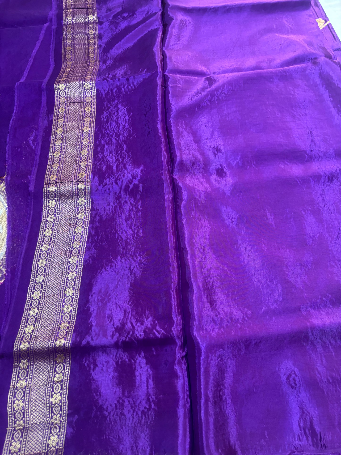 Purple Exclusive Banarasi Pure Mashru Silk with Gold circular Flower Motifs - Designer Party Wear