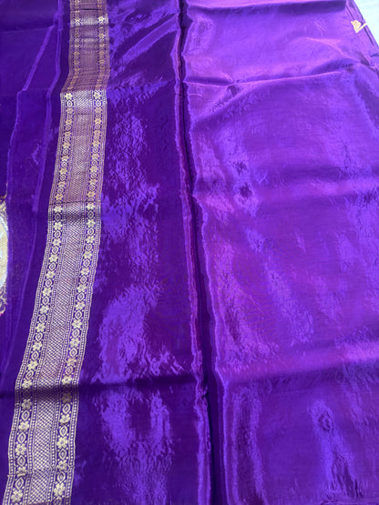 Purple Exclusive Banarasi Pure Mashru Silk with Gold circular Flower Motifs - Designer Party Wear