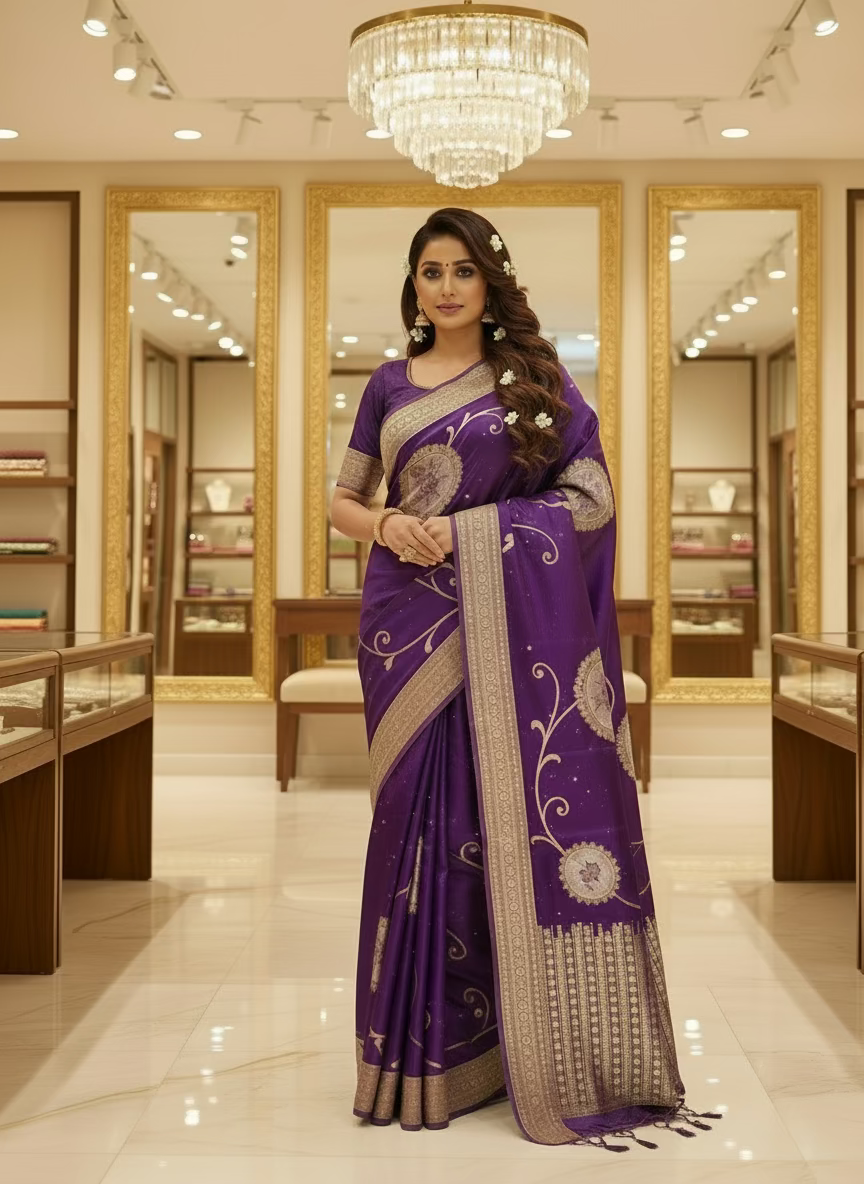 Purple Exclusive Banarasi Pure Mashru Silk with Gold circular Flower Motifs - Designer Party Wear