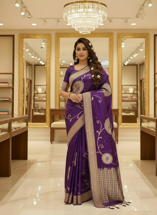 Purple Exclusive Banarasi Pure Mashru Silk with Gold circular Flower Motifs - Designer Party Wear