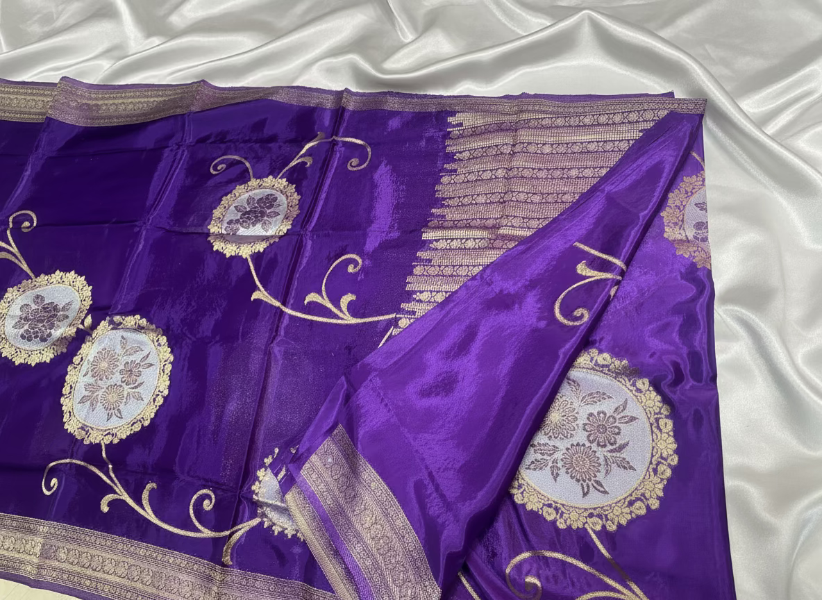 Purple Exclusive Banarasi Pure Mashru Silk with Gold circular Flower Motifs - Designer Party Wear