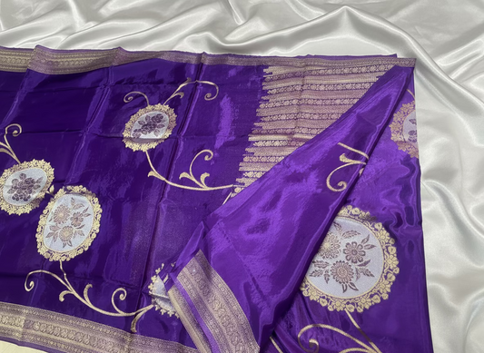 Purple Exclusive Banarasi Pure Mashru Silk with Gold circular Flower Motifs - Designer Party Wear