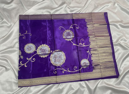 Purple Exclusive Banarasi Pure Mashru Silk with Gold circular Flower Motifs - Designer Party Wear