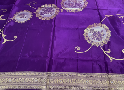 Purple Exclusive Banarasi Pure Mashru Silk with Gold circular Flower Motifs - Designer Party Wear