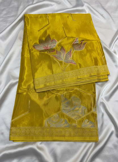 Metallic Green Banarasi Pure Mashru Silk with Sonarupa Geometrical Pattern- Designer Party Wear