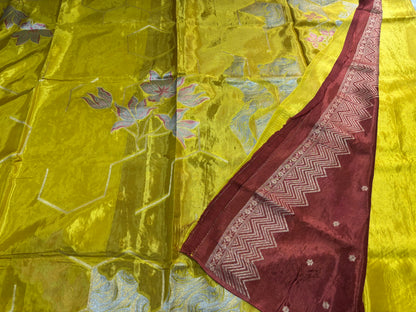 Metallic Green Banarasi Pure Mashru Silk with Sonarupa Geometrical Pattern- Designer Party Wear