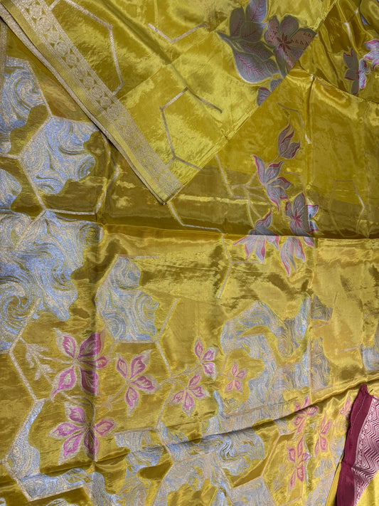 Metallic Green Banarasi Pure Mashru Silk with Sonarupa Geometrical Pattern- Designer Party Wear