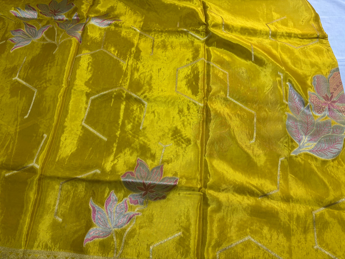 Metallic Green Banarasi Pure Mashru Silk with Sonarupa Geometrical Pattern- Designer Party Wear