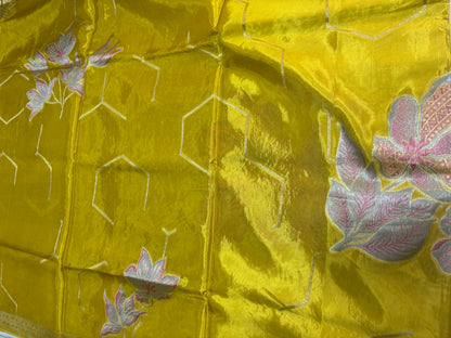 Metallic Green Banarasi Pure Mashru Silk with Sonarupa Geometrical Pattern- Designer Party Wear