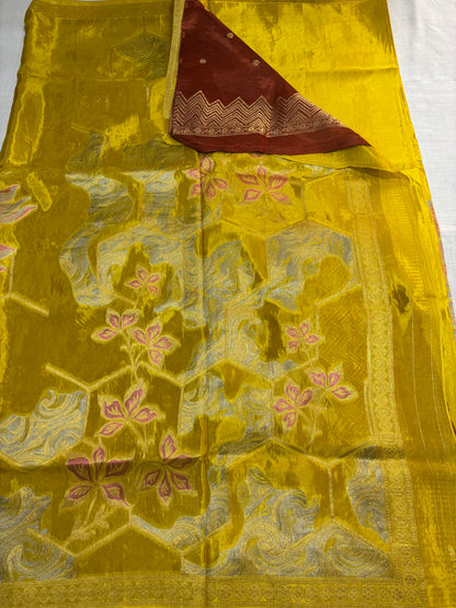 Metallic Green Banarasi Pure Mashru Silk with Sonarupa Geometrical Pattern- Designer Party Wear