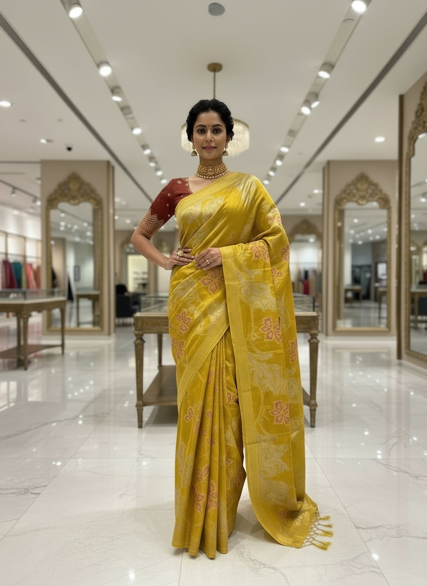 Metallic Green Banarasi Pure Mashru Silk with Sonarupa Geometrical Pattern- Designer Party Wear