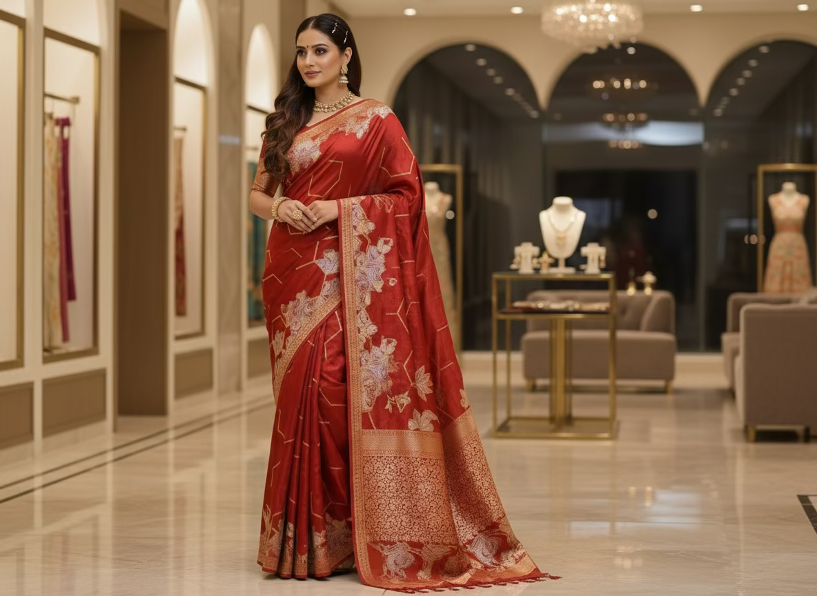 Brown Banarasi Pure Mashru Silk with Sonarupa Geometrical Pattern- Designer Party Wear