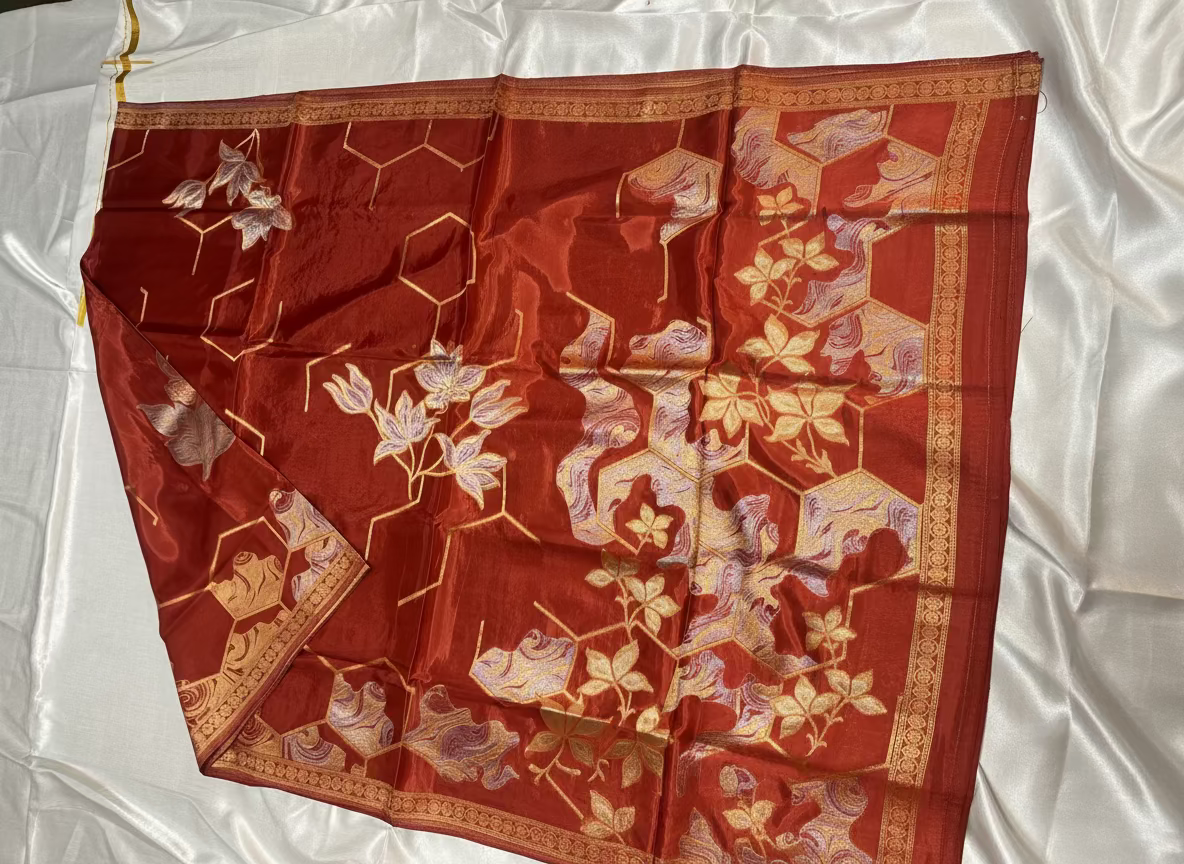 Brown Banarasi Pure Mashru Silk with Sonarupa Geometrical Pattern- Designer Party Wear