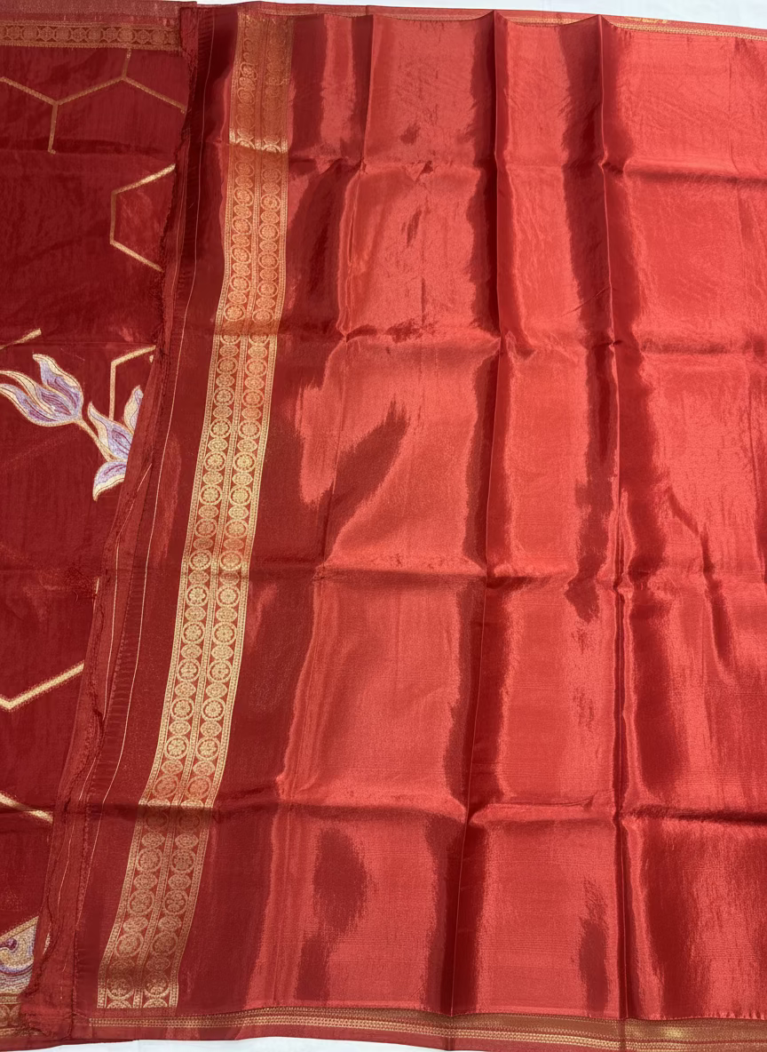 Brown Banarasi Pure Mashru Silk with Sonarupa Geometrical Pattern- Designer Party Wear