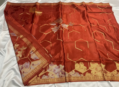 Brown Banarasi Pure Mashru Silk with Sonarupa Geometrical Pattern- Designer Party Wear