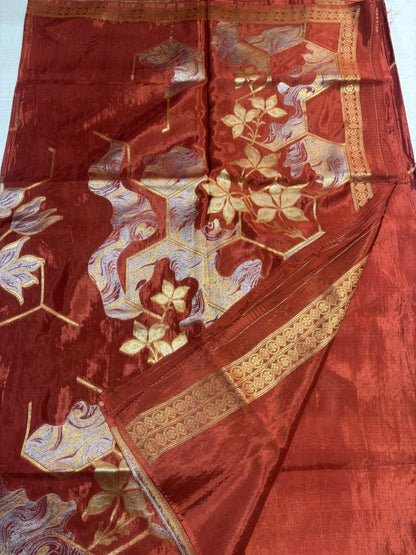 Brown Banarasi Pure Mashru Silk with Sonarupa Geometrical Pattern- Designer Party Wear