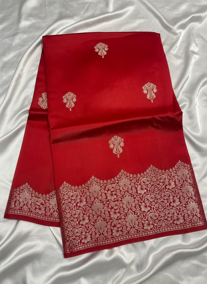 Bright Red Pure Chiniya Silk with Silver Floral Pattern with Contrast Border- Traditional Wear