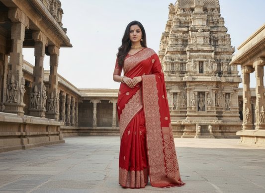 Bright Red Pure Chiniya Silk with Silver Floral Pattern with Contrast Border- Traditional Wear