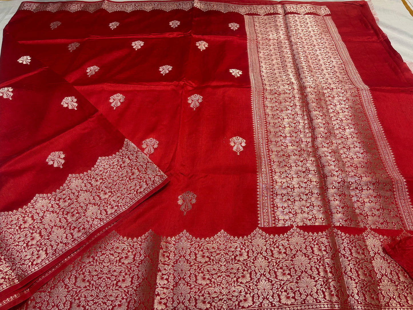 Bright Red Pure Chiniya Silk with Silver Floral Pattern with Contrast Border- Traditional Wear
