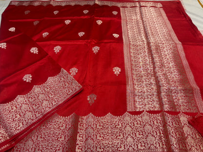 Bright Red Pure Chiniya Silk with Silver Floral Pattern with Contrast Border- Traditional Wear