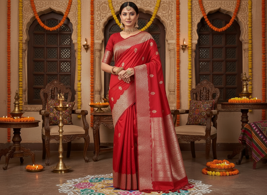 Bright Red Pure Chiniya Silk with Silver Floral Pattern with Contrast Border- Traditional Wear
