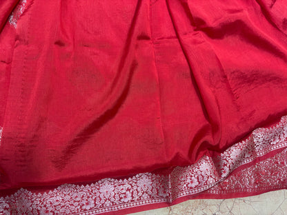 Bright Red Pure Chiniya Silk with Silver Floral Pattern with Contrast Border- Traditional Wear