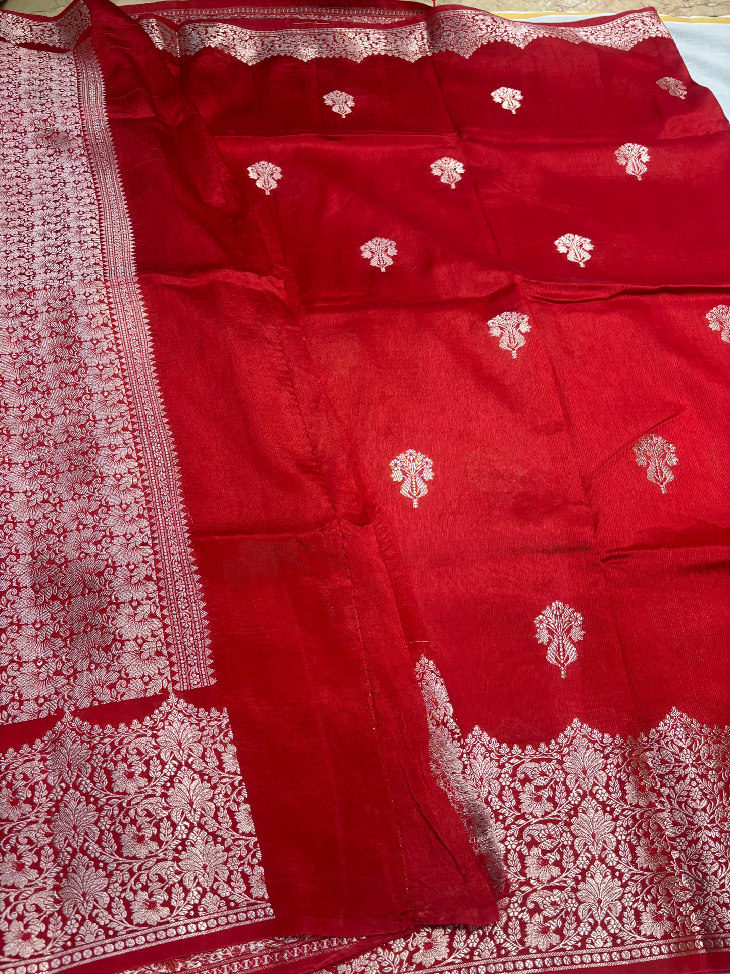 Bright Red Pure Chiniya Silk with Silver Floral Pattern with Contrast Border- Traditional Wear