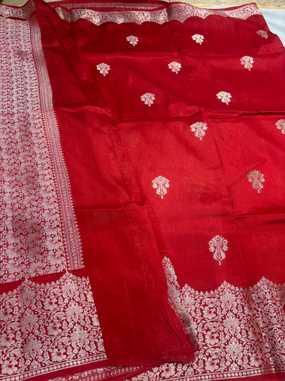 Bright Red Pure Chiniya Silk with Silver Floral Pattern with Contrast Border- Traditional Wear