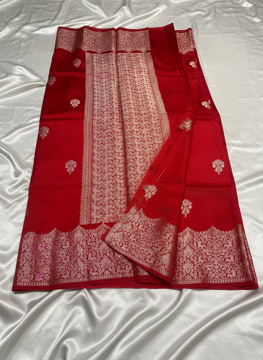Bright Red Pure Chiniya Silk with Silver Floral Pattern with Contrast Border- Traditional Wear