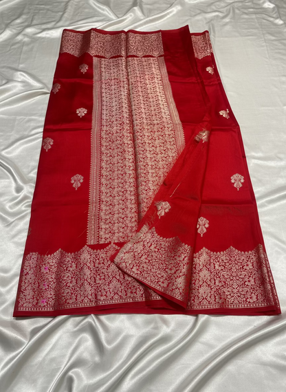 Bright Red Pure Chiniya Silk with Silver Floral Pattern with Contrast Border- Traditional Wear