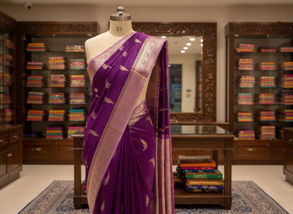 Purple Pure Chiniya Silk with Silver Floral Pattern - Traditional Wear