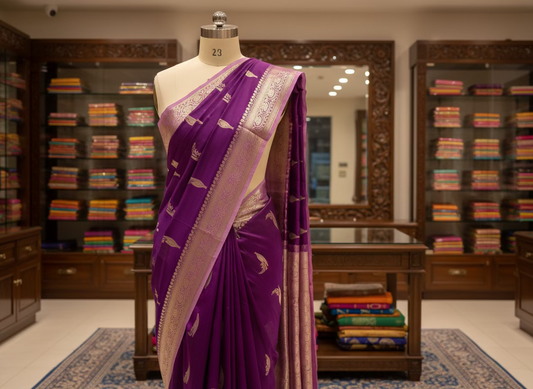 Purple Pure Chiniya Silk with Silver Floral Pattern - Traditional Wear