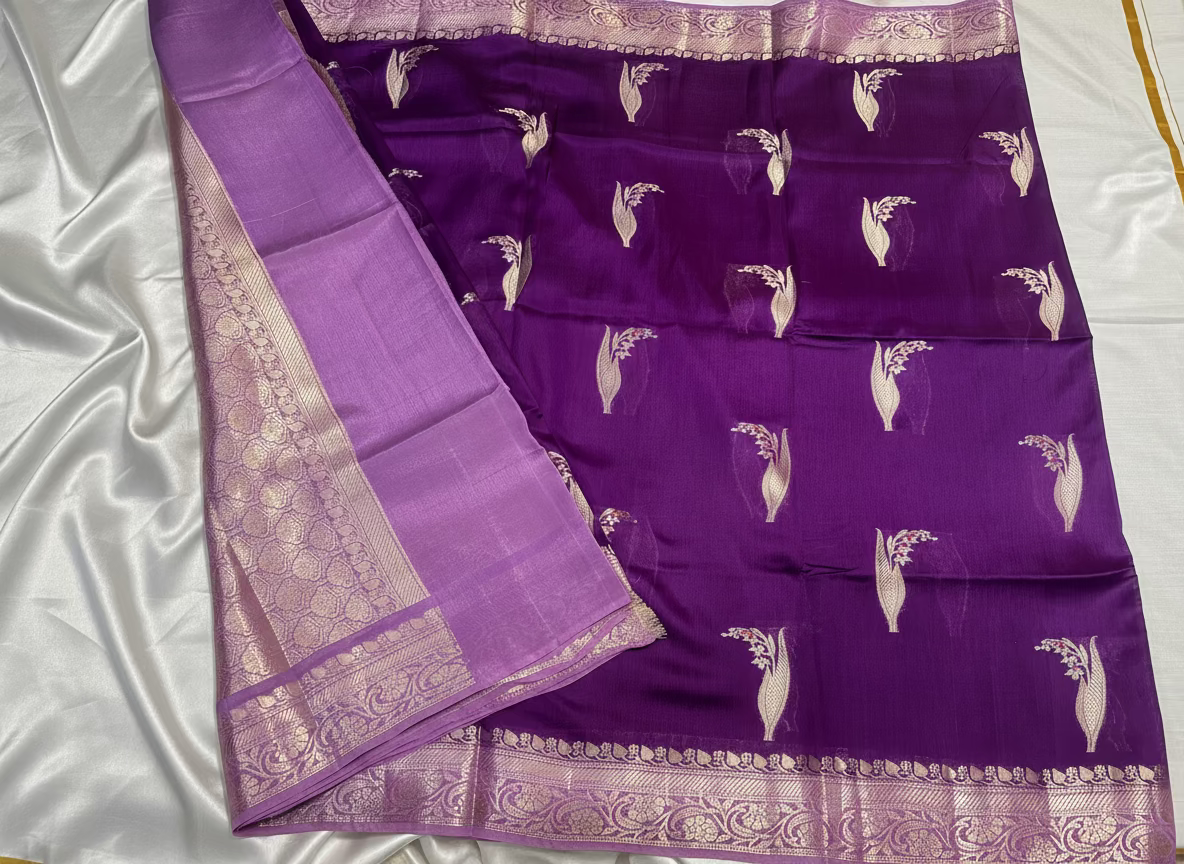 Purple Pure Chiniya Silk with Silver Floral Pattern - Traditional Wear