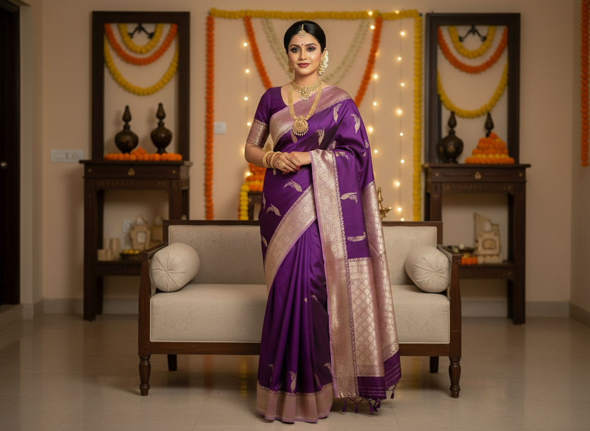 Purple Pure Chiniya Silk with Silver Floral Pattern - Traditional Wear