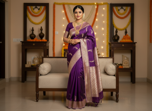 Purple Pure Chiniya Silk with Silver Floral Pattern - Traditional Wear