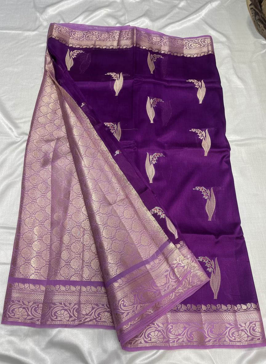 Purple Pure Chiniya Silk with Silver Floral Pattern - Traditional Wear
