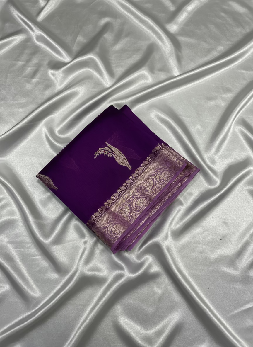 Purple Pure Chiniya Silk with Silver Floral Pattern - Traditional Wear