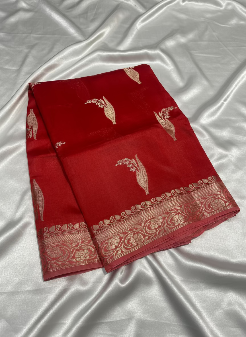 Bright Red Pure Chiniya Silk with Silver Floral Pattern with Contrast Border- Traditional Wear