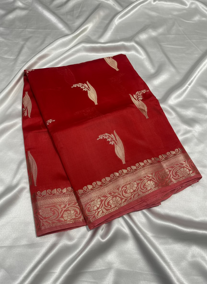 Bright Red Pure Chiniya Silk with Silver Floral Pattern with Contrast Border- Traditional Wear